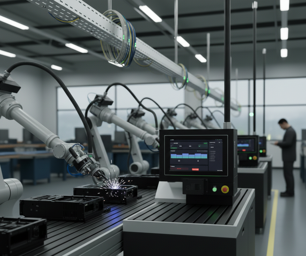 Dashboard TaktLine Core com eficiência da linha, paradas e tendências